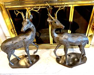Pair of large metal and brass deer