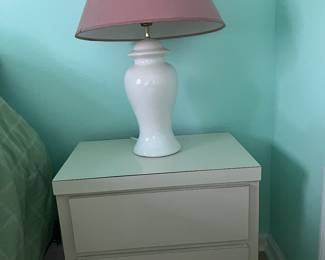 Set of white laminate tables and dressers 
Clean in good shape. 2 side tables and large dresser .  Can be sold separately 
