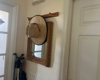 Rattan Mirror & wood wall coat or hat rack 