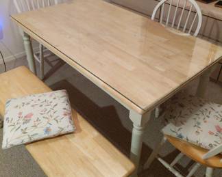 kitchen table and chairs
58.5"L
34.5"W
30"H
wooden table with glass surface
4 chairs (3 pictured)
1 bench (seats 2)