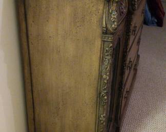 old fashioned credenza
62"L
18"W
38"H

6 drawers and 2 lockable glass cabinets (key included)
can function as a desk