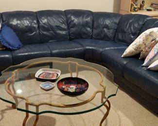 Natuzzi L-shaped sectional sofa (Italian leather)
101"L (approx distance from left armrest to end of curved center piece) 
40"W
32.5"H

seats 6