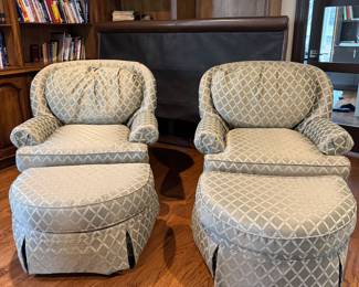 Matching Green upholstered tufted chairs with matching Ottomans