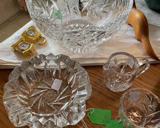 Crystal bowl, brilliant cut ashtray, cream and sugar