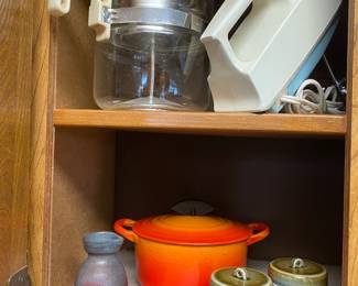 Hand mixer, Vintage percolator coffee pot, Le Crueset from France, small casserole dish labled with an A, flame color
