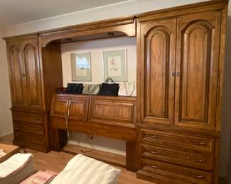 Queen size walnut bed unit, Burlington House furniture, United division, Lexington North Carolina, three sections