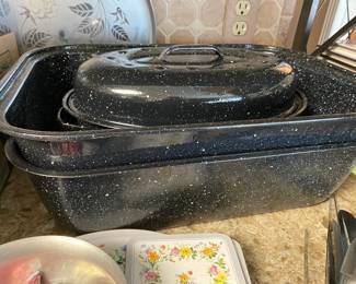Several sets of Enamelware roasters