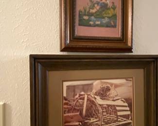 Needlepoint art and photo of lobster trap in Nova Scotia
