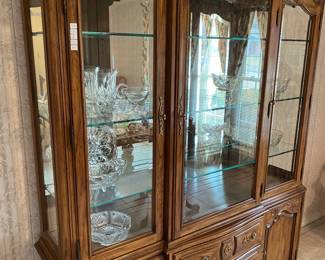 Drexel Cherbourg china cabinet, lighted with botanical theme, beveled glass, drawers lined for silverware, 82 inches tall, 64 inches wide, 17 inches deep