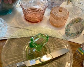 Beautiful assortment of Victorian pressed glass, Etched cornflower depression glass, pink and green depression glass