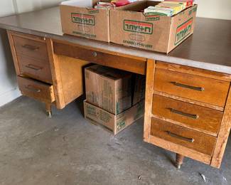 Mid Century old wooden office desk with lock and key