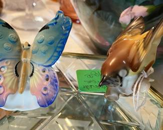 Figurines, Butterfly by Harrier Karl End Volksted, Bird by Hutschenreuther with JR initials on bottom