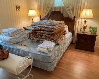 Queen size bedroom suit with matching night stands and chest, bedding for queen size bed, queen mattress box springs in excellent condition