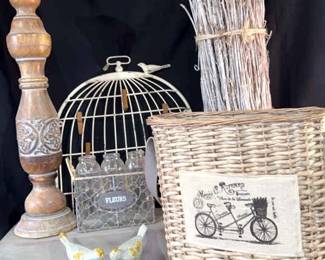 Cast iron bird pair
Florist bicycle basket
Sizes range from 2 x 4 x 4 in. to 28!x 3 x 6 in.
Chicken wire basket with bottles 
Branch cluster decor 
Wire birdcage clothespin photo organizer
Floating shelf