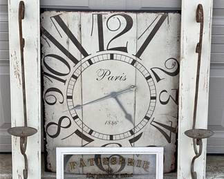 Metal retro kitchen clock 23x28x1
Hands on clock won't stay on missing piece
Set of candle holder wall mounts 5x35x1
Patisserie glass sign 18x8x1