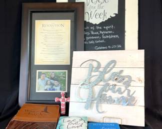 Inspirational sign
Books
Bible carrier
Resolution with photo frame 
Distressed Chalk board "Verse of the Week"