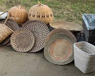 Set of four woven coil basket trays dimensions range from 13" to 18".
Set of three wicker wall baskets dimensions range from 17" to 19".
Pair of hanging wicker hanging decor dimensions  are 10" and 14" tall.