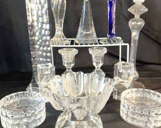 Oleg Cassini signed 
Twos company blown glass 
24% lead Crystal candle holder
Vintage cobalt twist candle holder 
Etched glass tulip bowl 