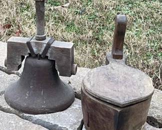 Vintage wooden spice bowl with attached lid  12x11x8
Vintage liberty bell wood and metal
