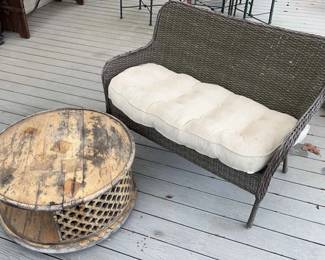 Wicker Outdoor Bench & Wooden Table