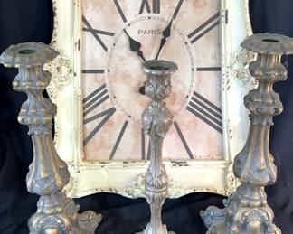 Brass And Silverplate Candlestick Holders With Wall Clock