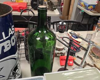 Misc goodies, tools, sheets , large wine bottle etc 