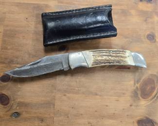 stag handled Damascus folding pocketknife 