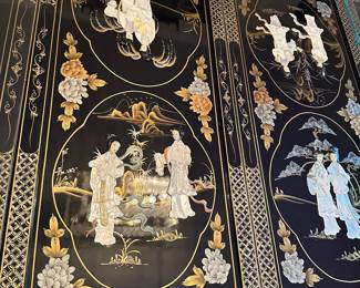 Black Lacquered & Handpainted Dining Table&nbsp;&nbsp;- Carved with Mother of Pearl Inlay - Fitted with glass top - there are 6 side chairs with upholstered cushions, 2 arm chairs with upholstered cushions and 2 table extensions&nbsp;