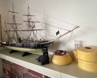 Model tall ship, celluloid containers