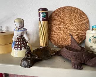 Sugar shaker, bronze Scottie dog ash tray, iron  turtle sundial 