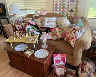 Sofa (clean and comfortable , throw pillows , vintage bed tray 