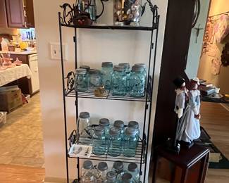 Ball mason jars, metal rack, tall ship painted on glass