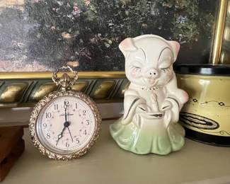 Seth Thomas clock (as is). Piggy bank