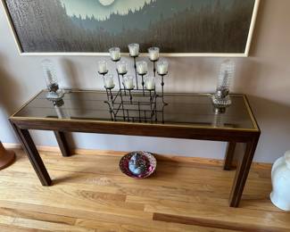 Vintage Mid Century Modern Brass Trim and Etched Smoked Mirror Console Table by Henredon 