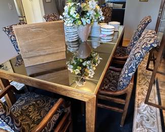 Vintage Mid Century Modern Brass Trim and Etched Smoked Mirror Extending Parsons Dining Table with 2 Leaves by Henredon