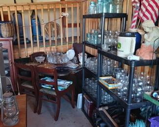 Many Canning Jars Including Blue and Bale Top! Duncan Pfife Table with 4 Chairs!
