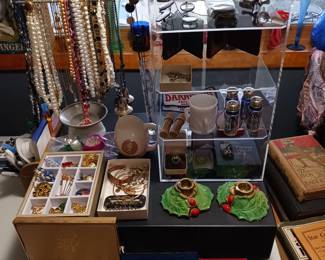 Costume Jewelry, Pair of Sterling S&P Shakers, 2 Sets of Cobalt S&P Shakers, Pair of Chalkware Candle Holders, Waterford Crystal Ornament, 2 Pairs of Antique Eye Glasses, 2 Tin Type Pictures in Frames!
