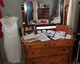 Antique Dresser with Mirror and Vintage Wire Body Form! Many New in the Box Ladies Hankies too!