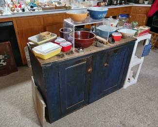Nice Primitive Cupboard and Variety of Vintage Pyrex Dishes!