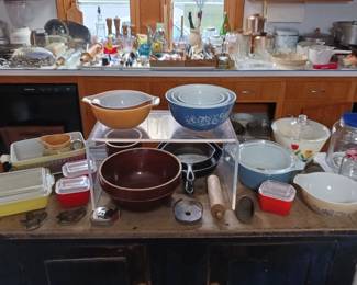 Closer View of Pyrex, Crock Bowl, Tin Cookie Cutters, 2 Cast Iron Pans, Spongeware Pitcher!