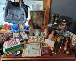 Closer View of Vintage Christmas Ornaments, John Deere Farm Account Books, Vintage Rock Collection, Small Photo Album with Victorian and Antique Pictures, Vera Bradley Purses, Coach Purses and Much More!