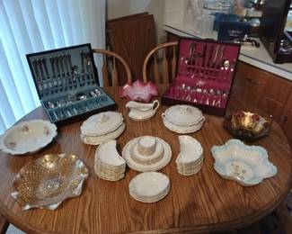 2 of Many Flatware Sets and Gold Rimmed Dish Set! 1 Piece of Goofus Glass as well!