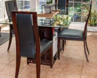 Black Wood Dining Table with glass top, shelves and 4 Chairs Fair Condition! 