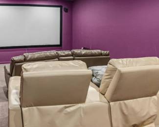 3 Theater Electric Reclining Chairs (Color=Cream). 1 Chair needs repair. The Two Brown Recliners in front are apart of the Recliner Sofa Set displayed in a different picture. 