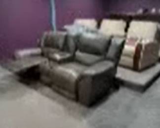 3 Theater Electric Reclining Chairs (Color=Cream). 1 Chair needs repair. The Two Brown Recliners in front are apart of the Recliner Sofa Set displayed in a different picture. 