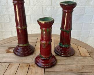 Set of 3 - Vintage - Red Glazed Bamboo Candle Stick Holders $60