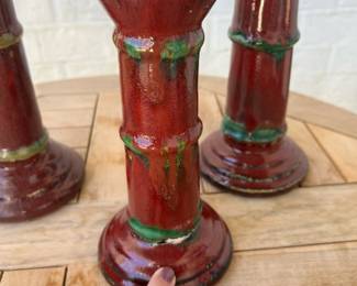 Set of 3 - Vintage - Red Glazed Bamboo Candle Stick Holders $60