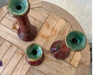 Set of 3 - Vintage - Red Glazed Bamboo Candle Stick Holders $60