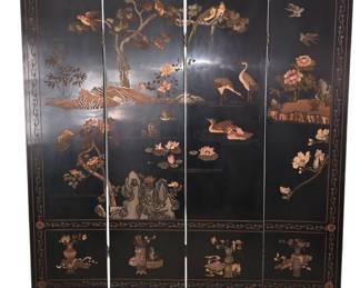 Chinese 4 Carved Panel Lotus Pond Screen Qty(2)