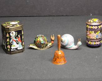 Vintage Brass Cloisonne Snail Figurines and Boxes
